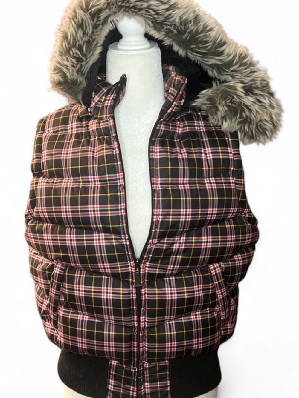 Y2K Plaid Puffer Vest with Faux Fur Hood - red and black
